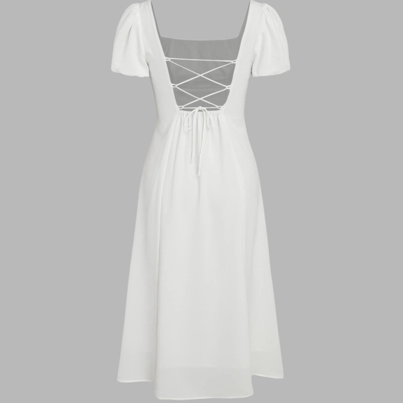 White Puff Sleeve Corset Back MIDI Dress - Picture 2 of 5